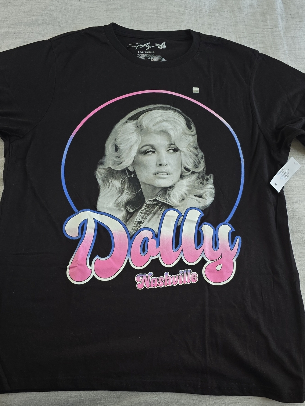 Dolly Parton Black Tee with Pink & Blue Dolly Graphic Size:Large